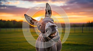 Laughing Donkey at Sunset in Pasture