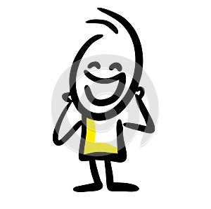 Laughing doodle stickman with hands up. Vector art.