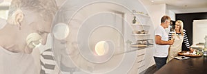 Laughing, double exposure and mature couple in kitchen with cooking, love and mockup space at home. Food, marriage and