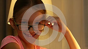 Laughing Eyeglasses Child Portrait Looking at Camera, Happy Girl Face Smiling 4K