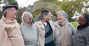 Laughing, face and a caregiver with people in nature for bonding, conversation and a joke. Happy, portrait and a nurse