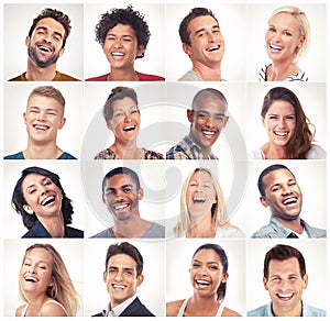 Laughing, face collage or portrait of happy people in community group or diversity with jokes or comedy. Funny studio