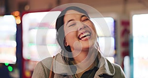 Laughing, face and confident businesswoman at night on break, japanese town and vending machine technology. Person