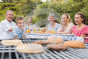 Laughing family having a barbecue in the park together