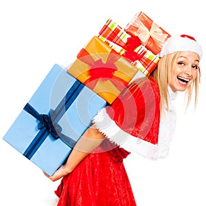 Laughing female Santa with Christmas gifts