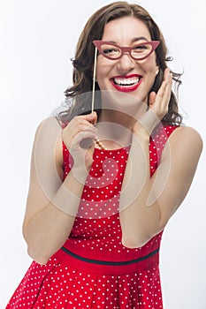 Laughing Funny Caucasian Brunette Woman With Artistic Spectacles