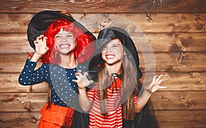 Funny children sister twins girl in witch costume in halloween