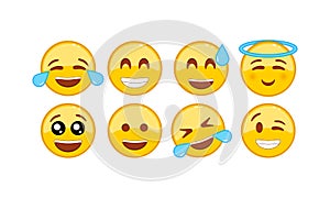 Laughing, funny emoji icon set. Smiley, emoticons. Facial expression on isolated white background. EPS 10 vector
