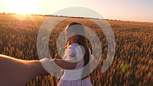 Laughing girl runs across the field with wheat holding a man`s hand in the glare of the golden sun. Slow motion.