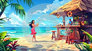 Laughing girl in summer dress carries coconut drink walking along sandy ocean coastline with palm trees in tiki hut bar