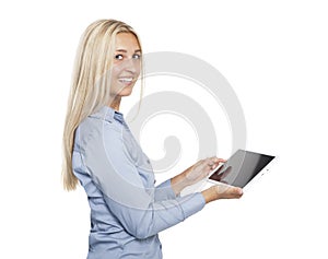 Laughing girl with tabletbook