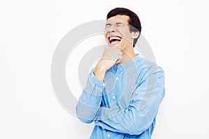 Laughing guy over white