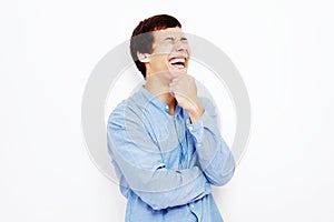 Laughing guy over white