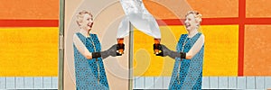 Laughing happy blond in retro drawn dress holding beer glass and smiling over colored background. Retro party photo