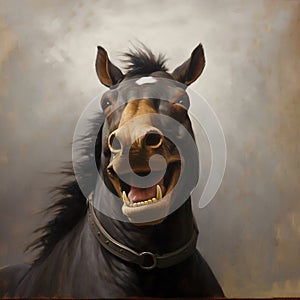 Laughing horse on a dark background. generative AI