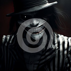 laughing jack from the creepy pasta story with a black and white striped nose , generated by AI