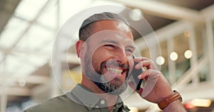 Laughing, joke and businessman on a phone call for communication, networking and conversation. Contact, corporate and