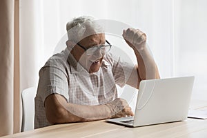 Laughing joyful old retired man celebrating success.