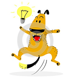 Laughing jumping dog. Idea lamp. Good mood and emotion.