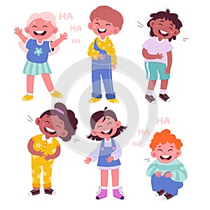 Laughing kids flat icons set. Cute children smiling and holding belt. Funny emotions. Playful kids