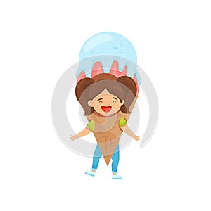 Laughing little girl with ponytails in ice-cream costume. Outfit for carnival. Funny kid. Flat vector design
