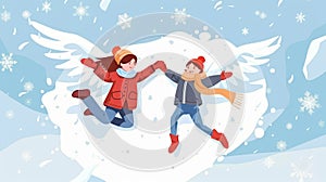 Laughing and making angels, lying on snow during winter vacation. Mother and child shaping snowy wings. Outdoor fun in