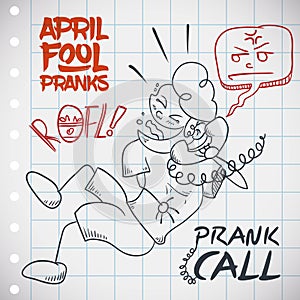 Laughing Man doing a Prank Call in April Fools' Day, Vector Illustration