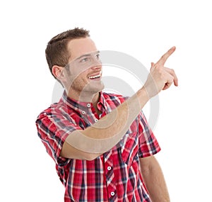 Laughing man pointing at something