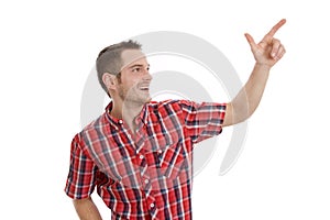 Laughing man pointing at something