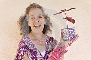 Laughing mature woman holding flower pot with red plant