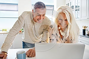 Laughing middle aged couple looking at computer