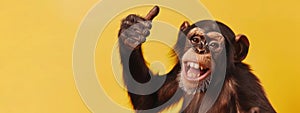 Laughing monkey, chimpanzee, holding eating a banana, isolated on yellow background, generative ai