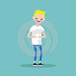Laughing out loud blond boy / flat vector editable illustration