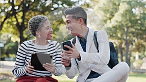 Laughing, phone and business people in park working outdoors for online website, internet and social media. Friends