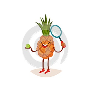 Laughing pineapple standing with ball and tennis racket in hand. Sport and physical activity. Flat vector design