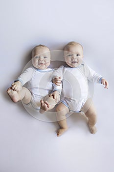 Laughing Plump Twin Babies in White