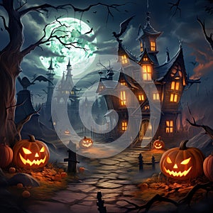Laughing pumpkins in front of an old Victorian ghost haunted house. Night, smoke, fog, lights. Halloween concept.