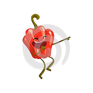 Laughing Red Sweet Pepper Pointing with its Finger, Cute Vegetable Character with Funny Face Vector Illustration