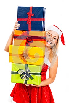 Laughing Santa woman with Christmas gifts