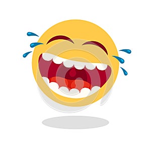 Laughing smiley emoticon. Cartoon happy face with laughing mouth and tears. Loud laugh vector icon