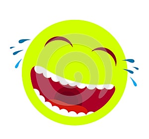 Laughing smiley emoticon vector. Cartoon happy face with laughing mouth and tears, emoticons cry or tear smile illustration.