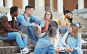 Laughing students, bonding or university stairs on college campus for group study, diversity class break or open day