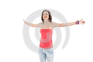 Laughing trendy girl with arms wide open