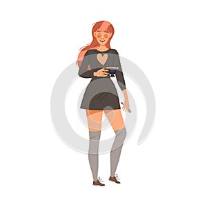 Laughing Woman Coffee Lover Standing with Cup of Hot Aromatic Beverage Vector Illustration