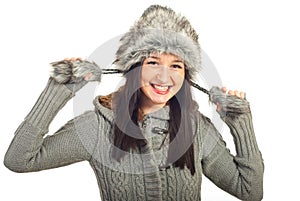 Laughing woman in fur hat