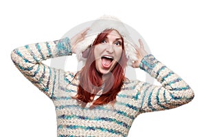 Laughing woman in furry winter hat