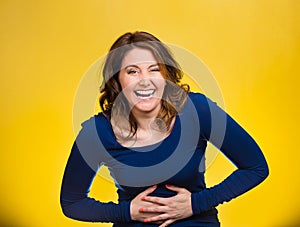 Laughing woman hearing good news, joke