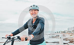 Laughing woman, helmet or electrical bike by sea in transport, clean energy fitness or sustainability travel. Ebike