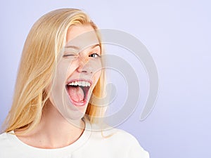 Laughing woman. Portrait of happy smiling girl. Cheerful young beautiful girl smiling laughing, studio isoalted