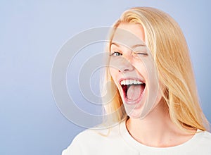 Laughing woman. Portrait of happy smiling girl. Cheerful young beautiful girl smiling laughing, studio isoalted